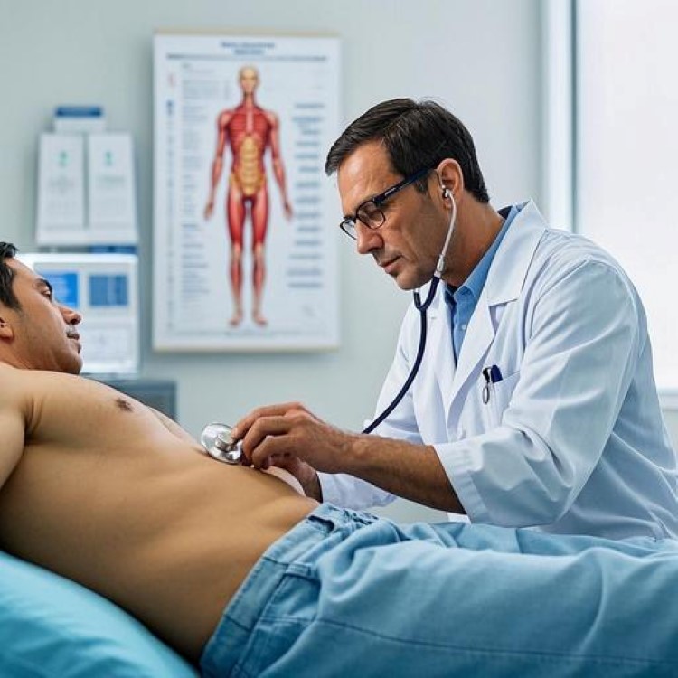 의료진이 환자의 오른쪽 아랫배 부위를 청진기로 진찰하고 있는 모습. 배경에는 인체 해부도와 충수, 신장, 대장 등의 위치가 표시된 의료용 차트가 보이고, 깔끔한 진료실 환경에서 전문적이고 신뢰감 있는 의료 상담 장면을 표현한 이미지