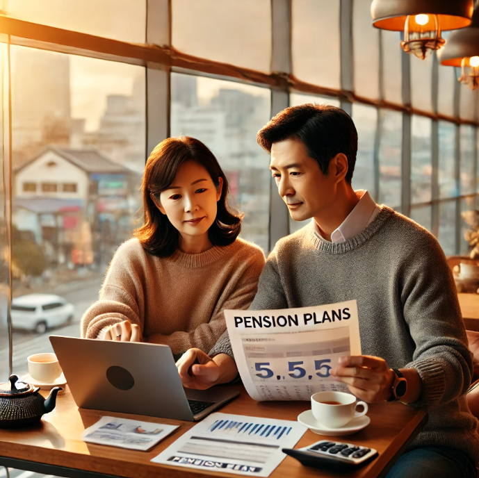 카페에서 연금 계획을 논의하는 중년 커플의 모습
