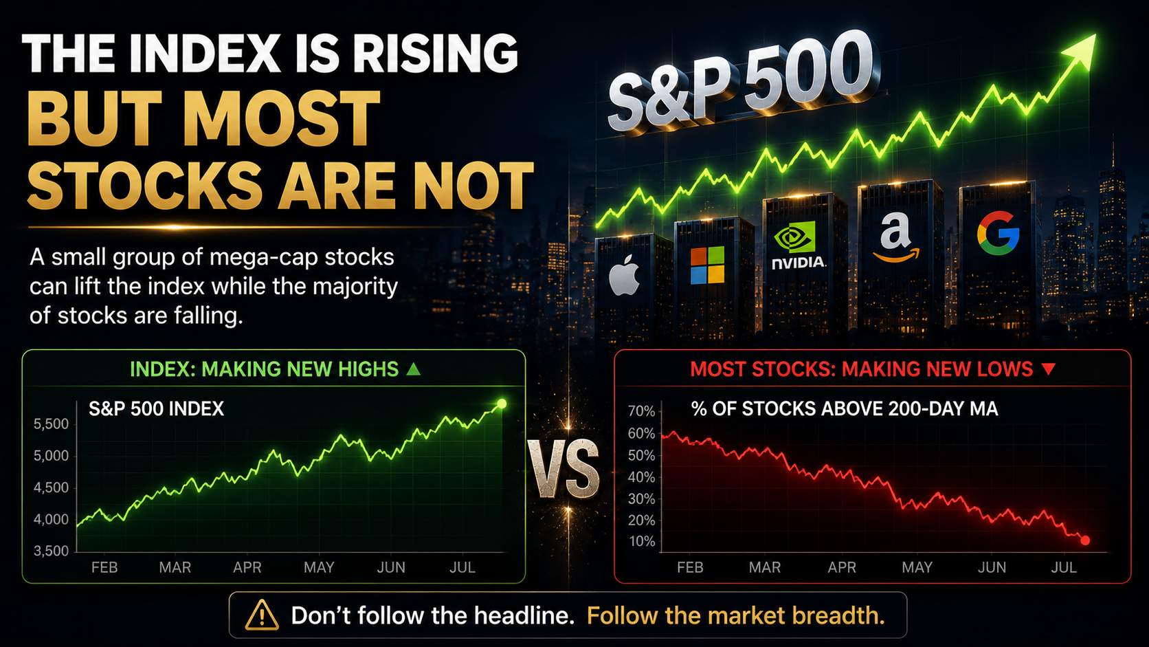 S&P 500 rising while most individual stocks decline, demonstrating narrow market leadership and weak market breadth.