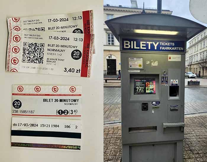 버스에서 산 티켓과 정류장에서 산 티켓 그리고 바르샤바 올드타운 버스정류장 근처 티켓머신