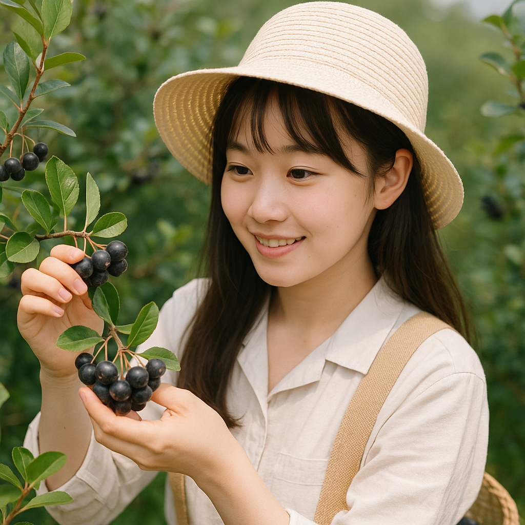 "아로니아 따는 귀여운 동양인 여성"