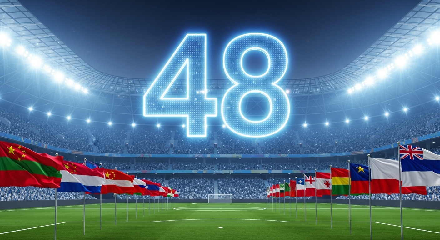 2026 월드컵 48개국 확대를 상징하는 역동적인 축구 경기장 이미지. 파란색과 회색 조명 아래 경기장에 '48'이라는 숫자가 빛나고, 아시아와 유럽 국가들의 국기가 휘날리고 있습니다.