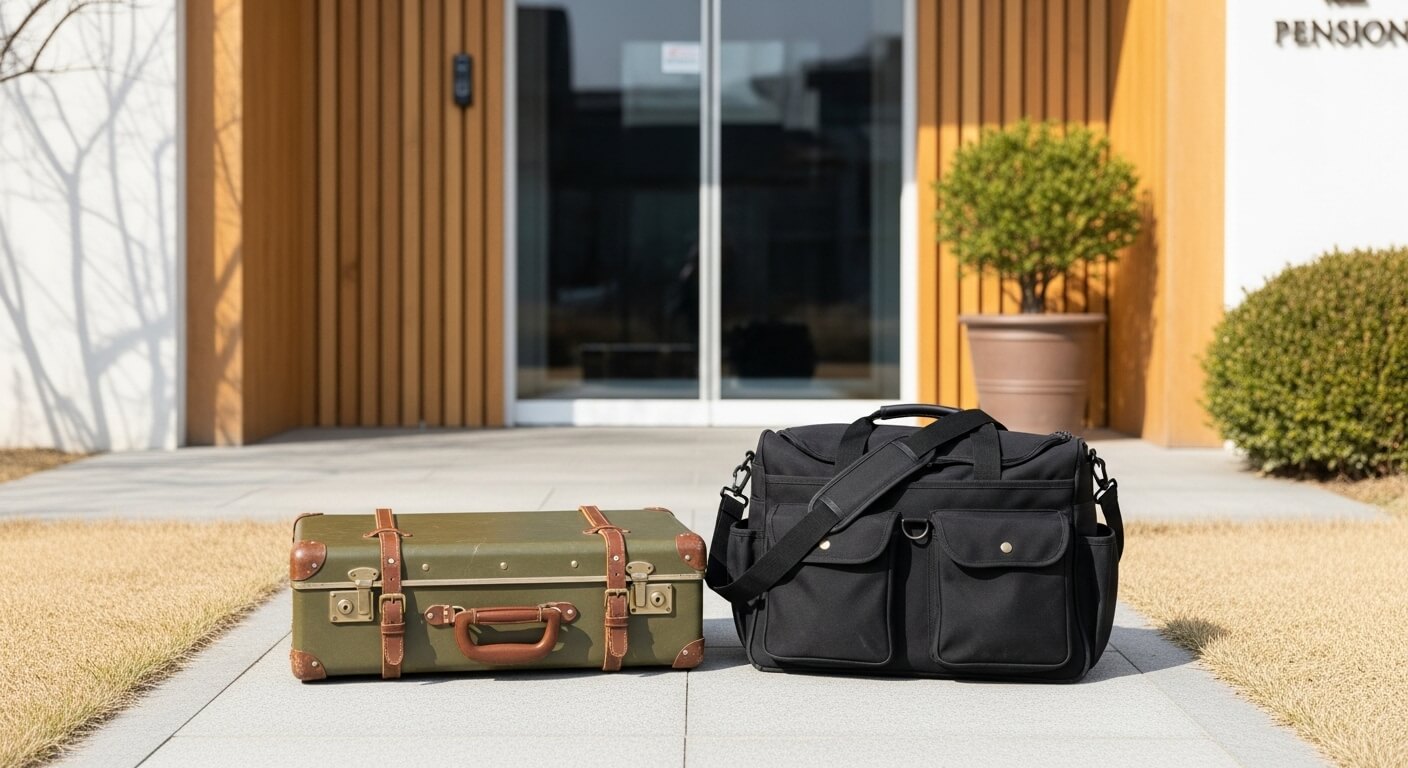 펜션 입구 앞에 놓인 여행 캐리어와 가방