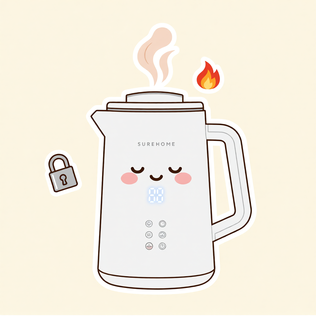 차일드락이 달린 가열식 가습기와 증기가 올라오는 모습