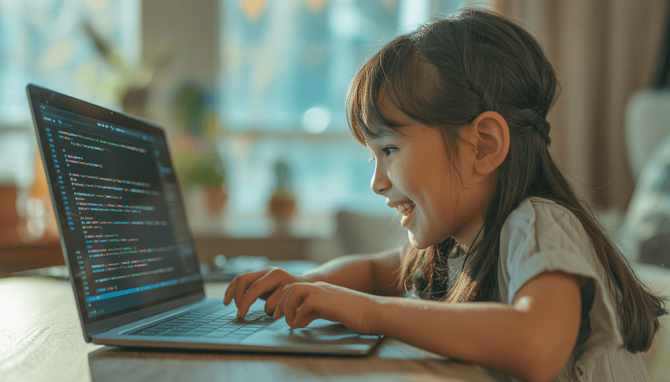 햇살이 비치는 방에서 맥북으로 코딩에 몰두하는 여자아이