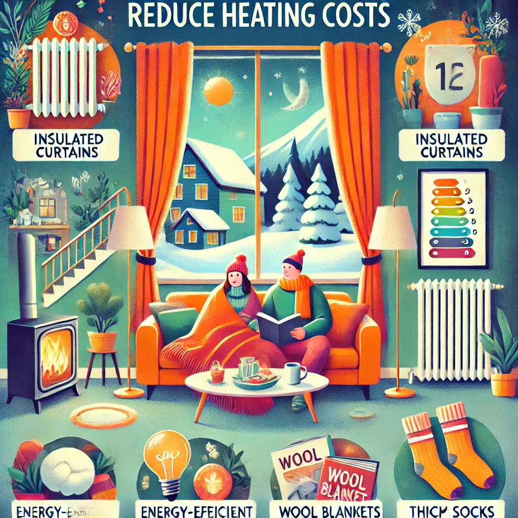 겨울철 난방비 절약을 위한 필수템과 생활 습관을 보여주는 거실 장면