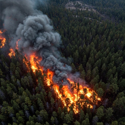 짙은 연기와 강한 불길이 퍼지는 침엽수림 산불 항공 사진