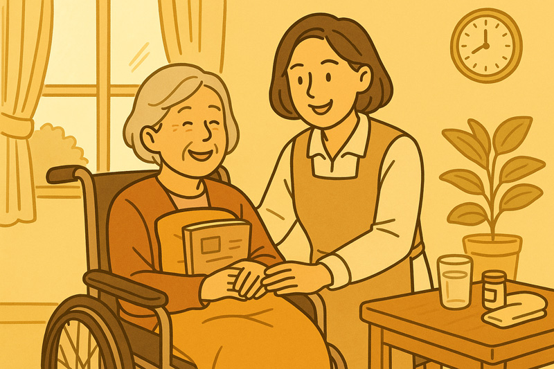 휠체어에 앉은 노인과 함께 있는 요양보호사가 손을 잡고 웃고 있는 모습
