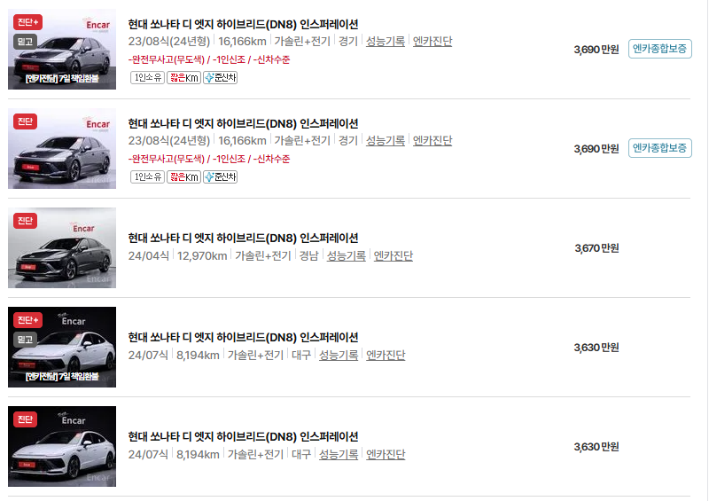 현대 쏘나타 중고차 가격 시세표 유지비