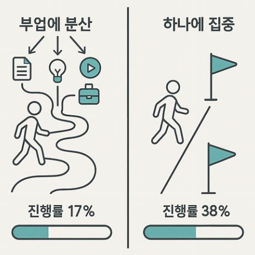 부업 분산 시작 17% vs 집중 시작 38% 성공률 비교 구조도