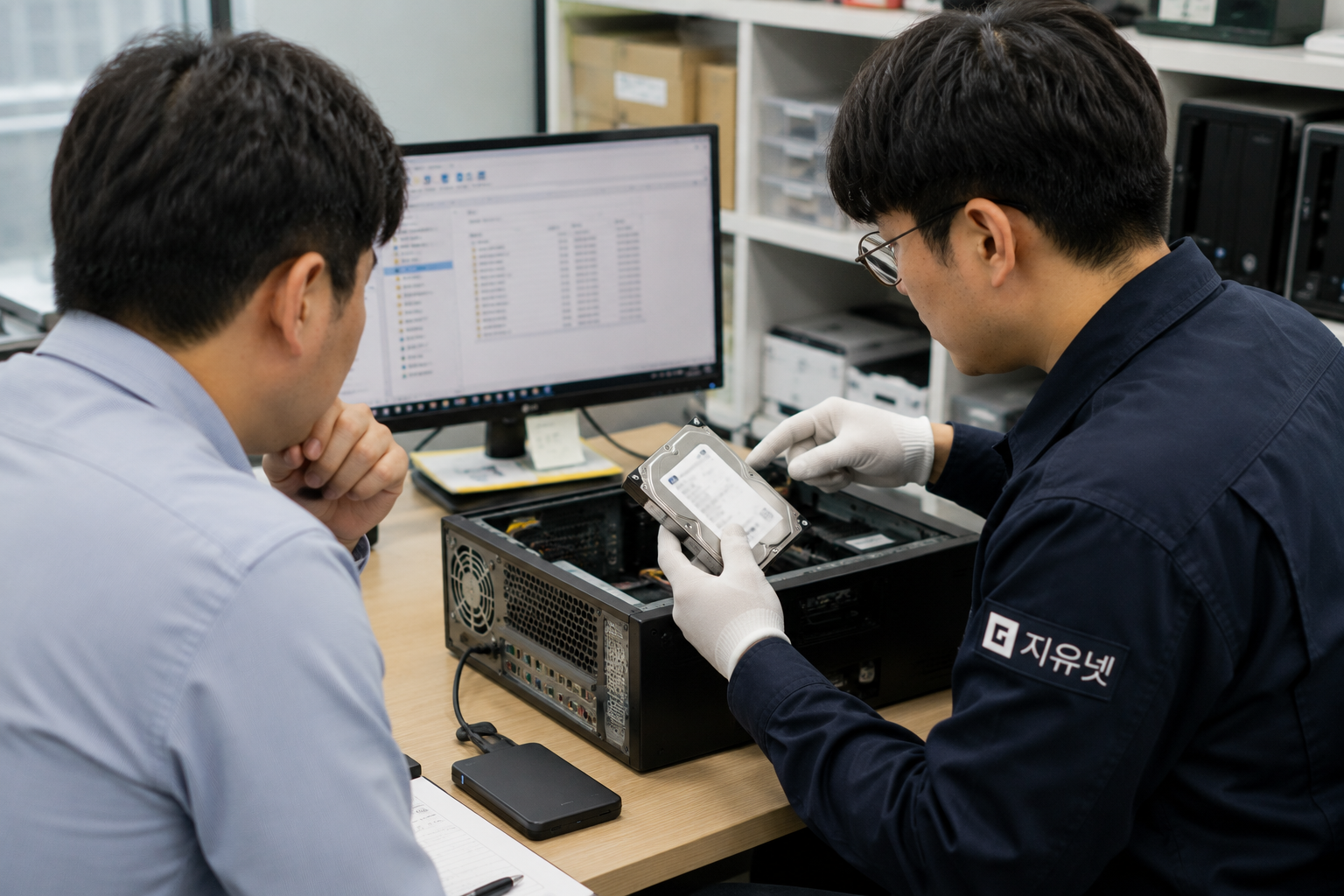 지유넷 작업자가 사무실 컴퓨터 저장장치 반응과 급여자료 위치를 함께 확인하는 장면