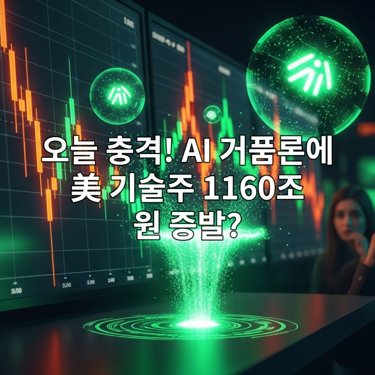 2025년 AI 거품 붕괴로 인한 기술주 폭락으로 불안에 떨고 있는 투자자들과 혼란스러운 금융 시장을 상징하는 이미지.
