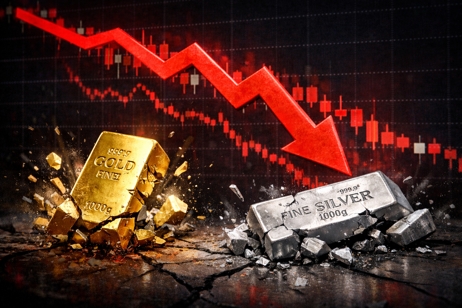 금융시장 폭락을 상징하는 깨지는 금괴와 은괴, 빨간 하락 화살표 차트