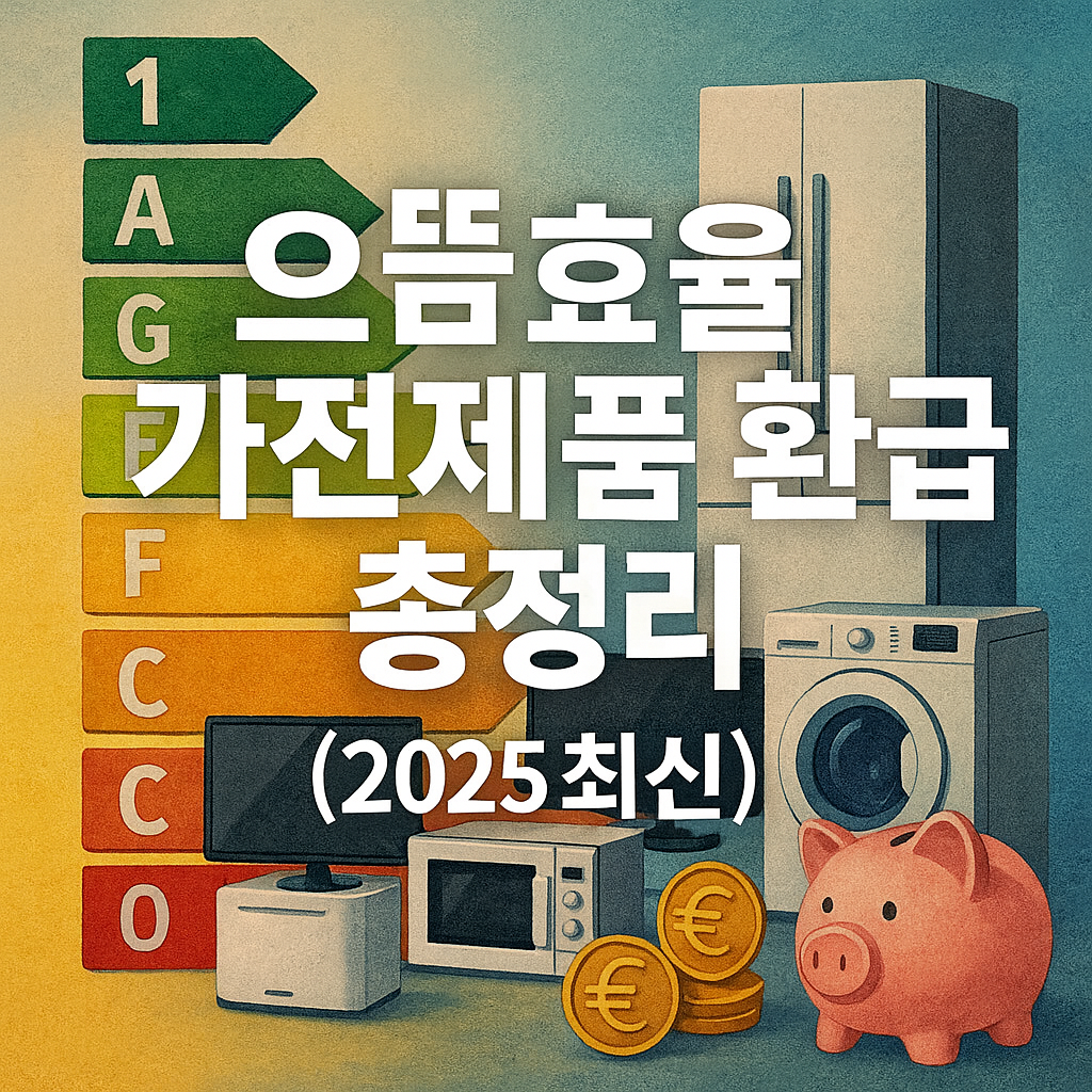 2025 으뜸효율 가전제품 환급 총정리 썸네일 - 냉장고, 세탁기, TV 등 가전제품과 에너지 효율 등급 표, 돼지저금통이 함께 있는 이미지