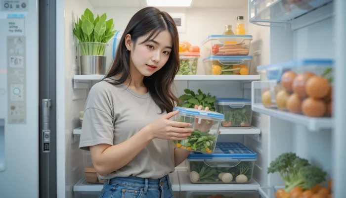 냉장고 신선 보관법으로 채소를 밀폐용기에 담아 정리하는 여성