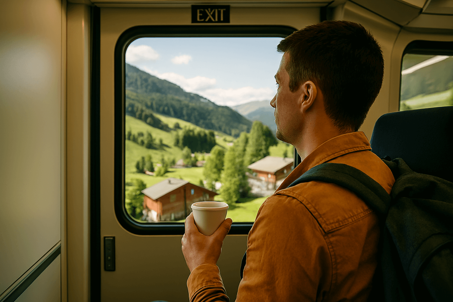  스위스 트래블 패스를 들고 기차 창밖의 아름다운 알프스 풍경을 감상하는 행복한 여행객. 기차와 스위스의 설경이 조화를 이룬다.