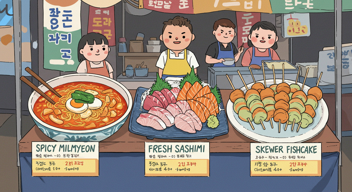 밀면, 활어회, 어묵 등 해운대 맛집 음식들