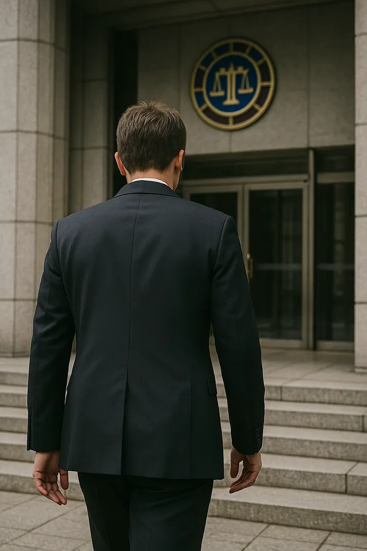 정장을 입은 남성이 법원으로 들어가는 장면