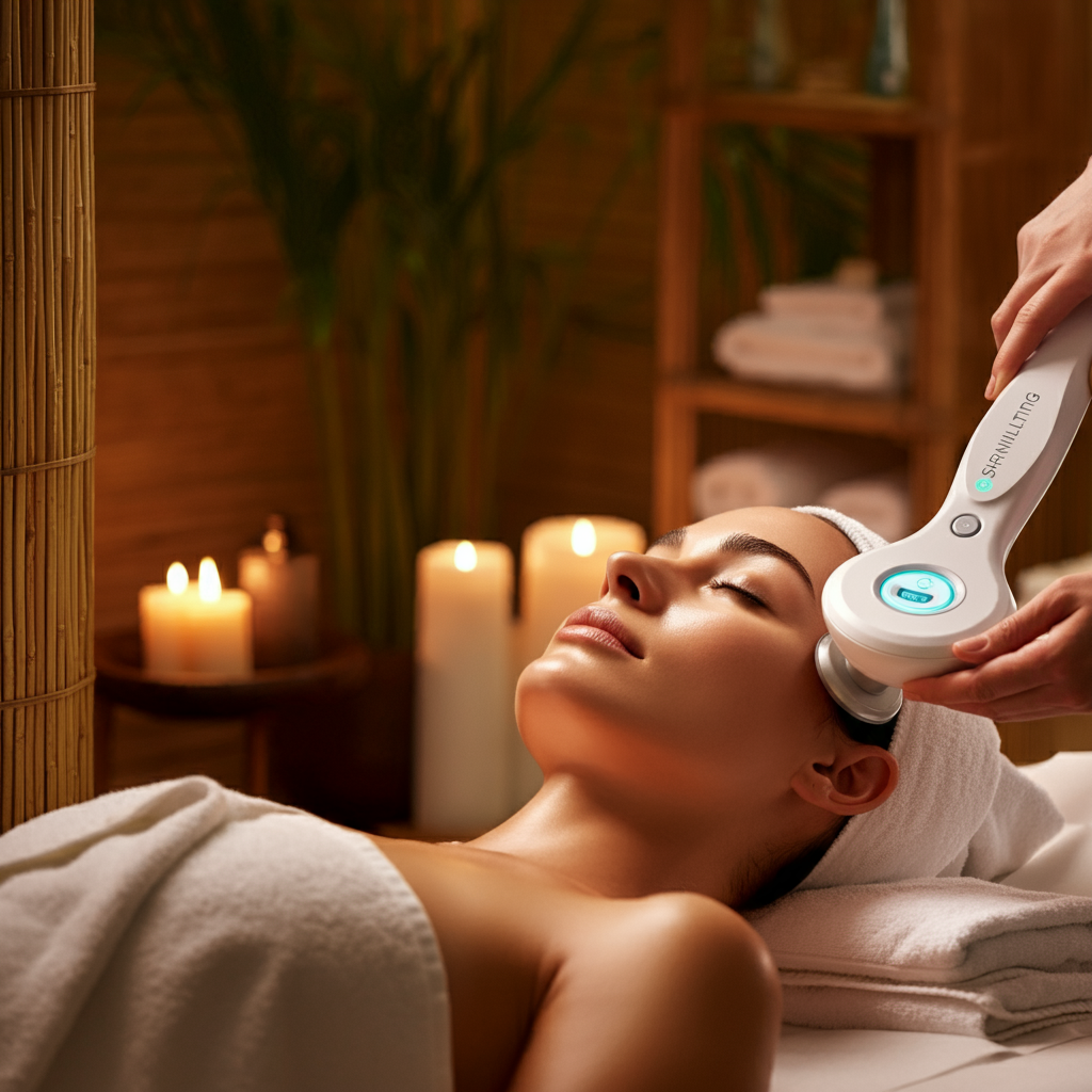 슈링크 리프팅 시술을 받는 여성의 얼굴과 스파 환경