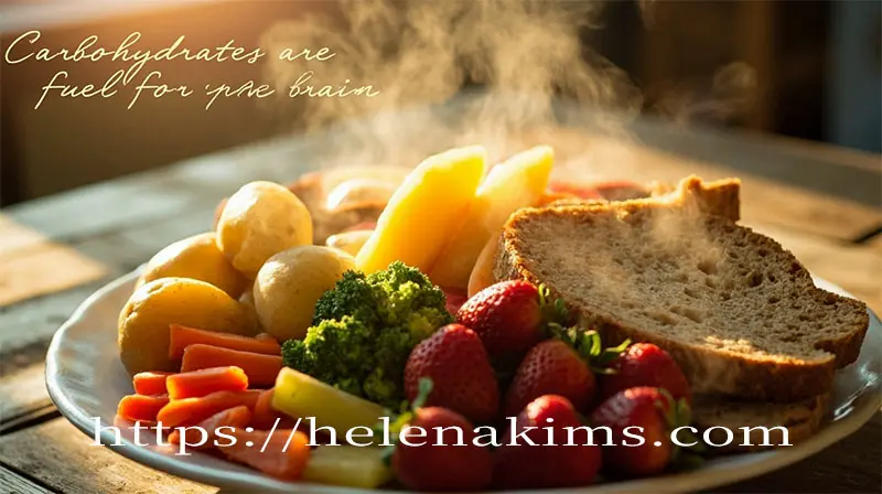 주방 탁자 위 하얀 접시에 통곡물 빵과 찐 감자, 베리류와 브로콜리 등이 담겨 있는 이미지.