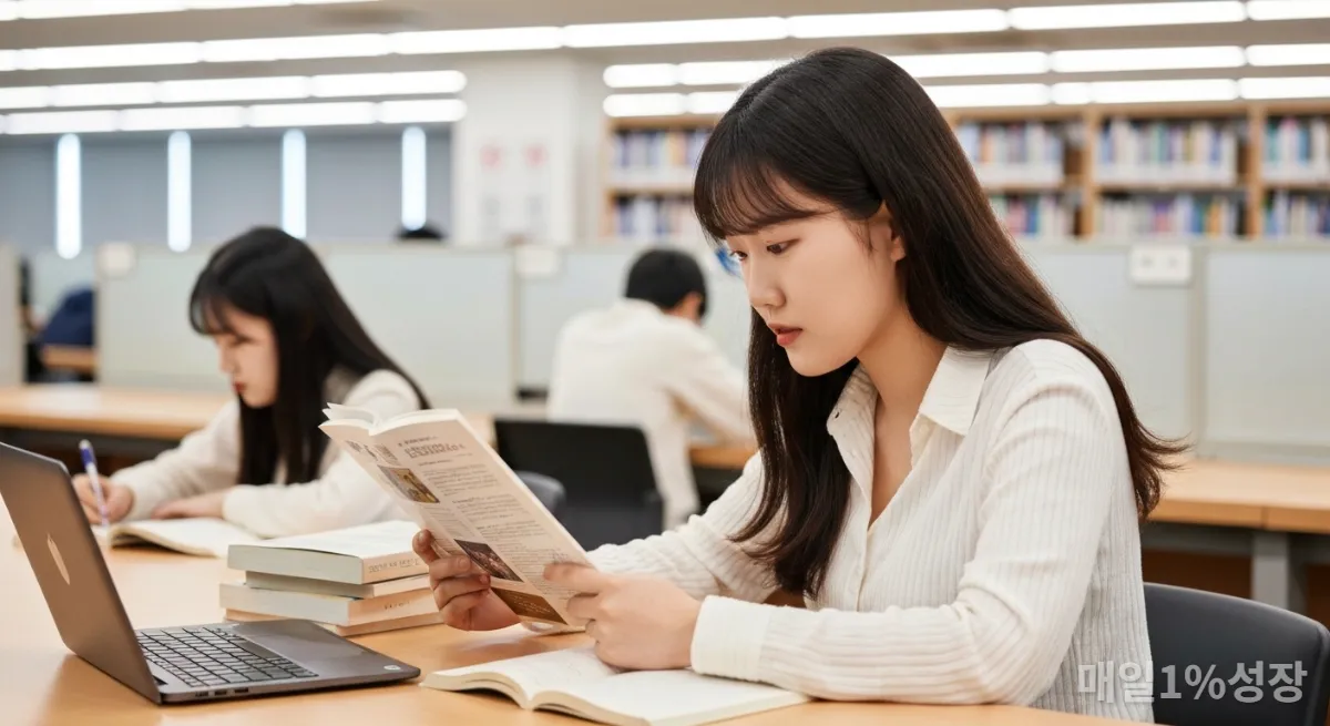 도서관에서 자기 주도 학습에 집중하는 한국 학생
