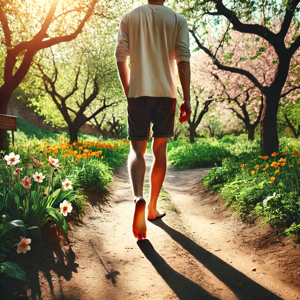 봄날에 맨발 걷기하는 사람