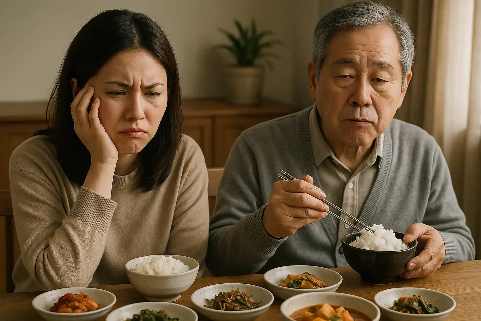 가족 식사 자리에서 씹는 소리 때문에 스트레스를 받는 사람과 무심한 표정의 노인