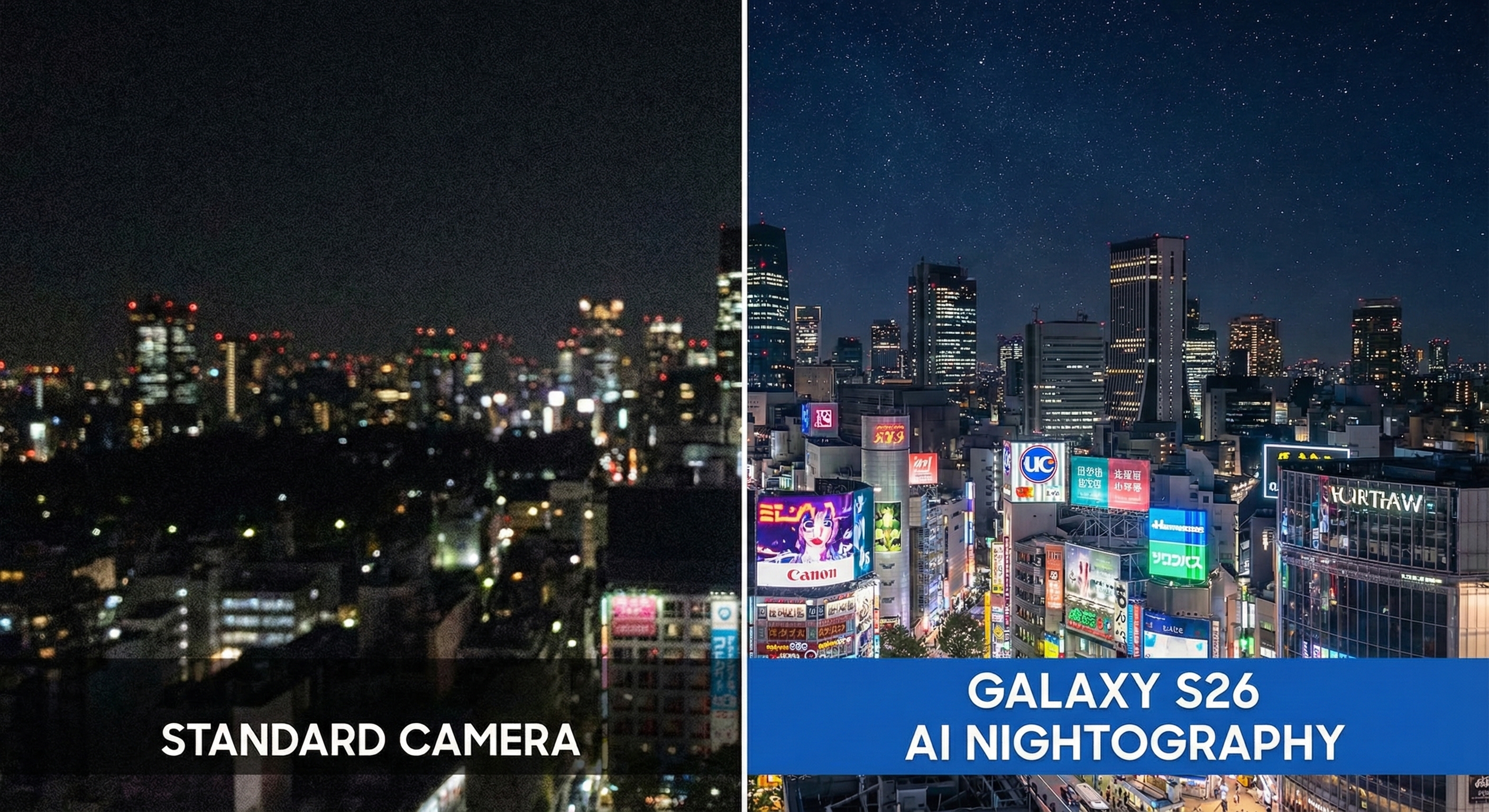 갤럭시 S26 울트라의 향상된 AI 카메라 기능을 설명하는 그래픽, 어두운 곳에서도 선명한 사진과 동영상 촬영 모습