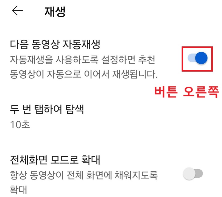다음 동영상 자동재생 메뉴 보임