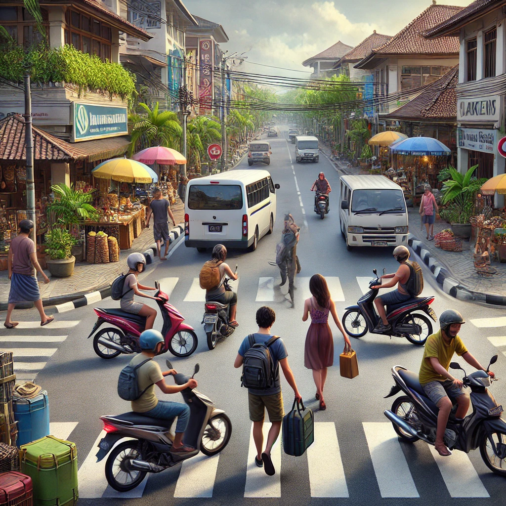 발리 거리에서 여행자가 주의해야 할 상황을 묘사한 이미지