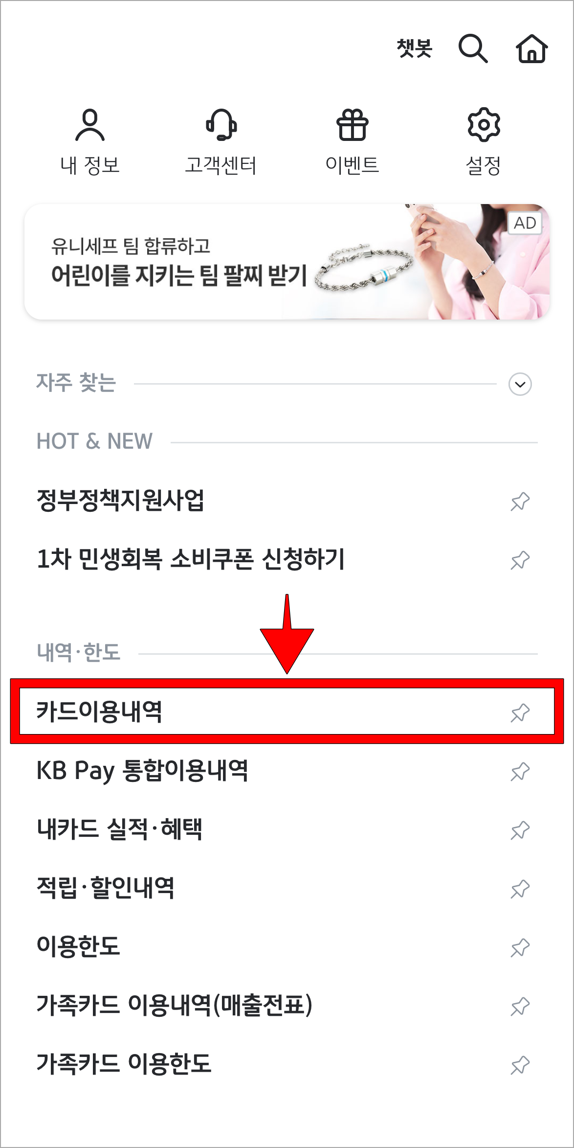 메뉴 중 '카드 이용내역'을 선택