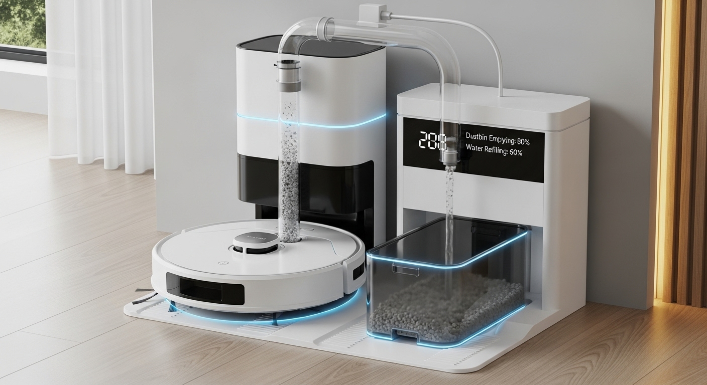 로봇 청소기가 도킹 스테이션에서 먼지를 자동으로 비우고 물걸레 물을 보충하는 모습. 스마트 홈 환경에서의 편리한 자동화 기능을 보여줍니다.