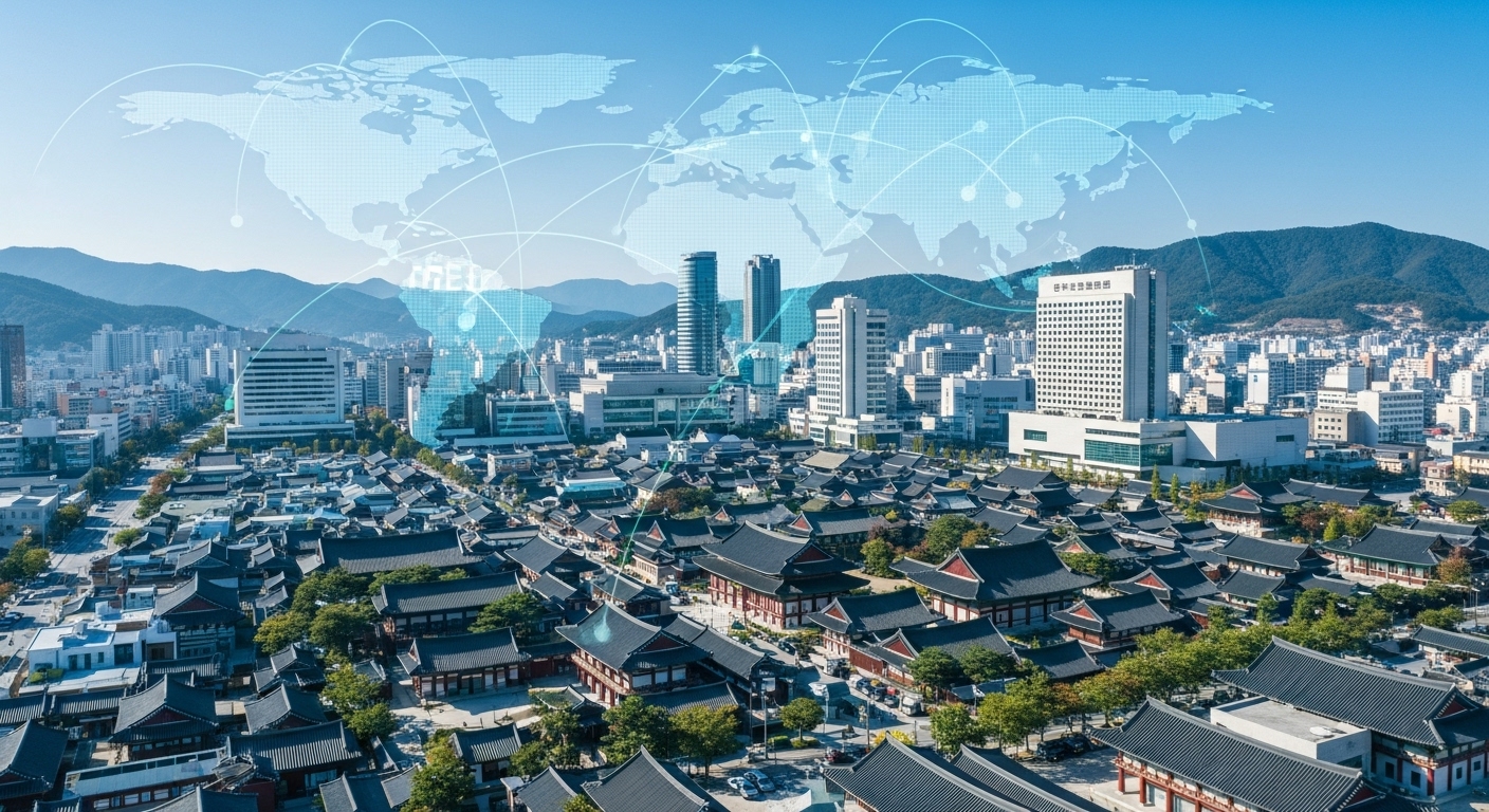 경주 시가지의 항공 사진으로, 전통 한옥 지붕과 현대적인 건물들이 어우러진 모습. 전 세계를 잇는 경제적 연결망이 시각적으로 표현되어 APEC 서밋의 파급효과를 나타냅니다.