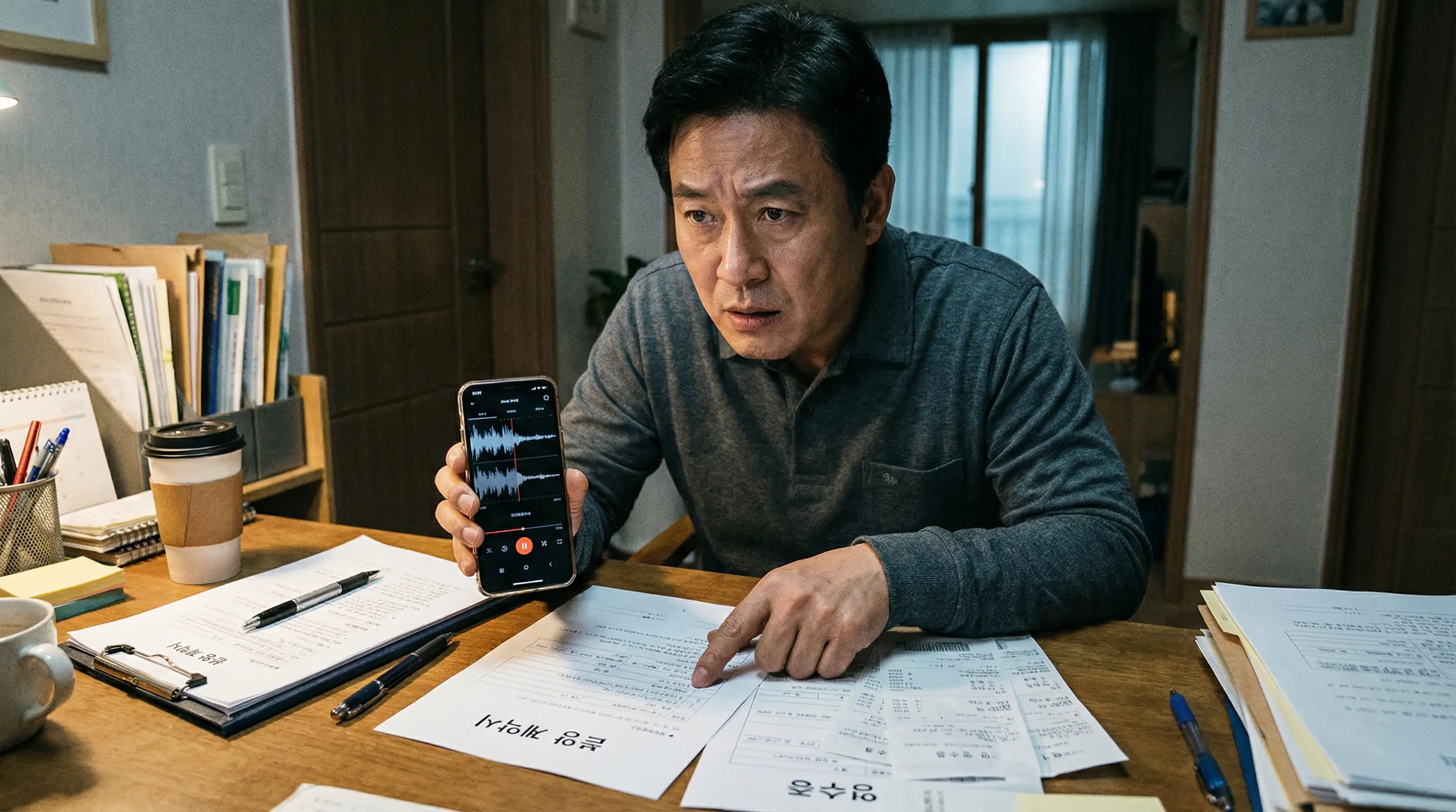 한국인 중년 남성이 분양 계약서와 영수증을 책상 위에 펼쳐놓고 스마트폰으로 녹취 파일을 확인하며 증거를 정리하는 긴박한 표정