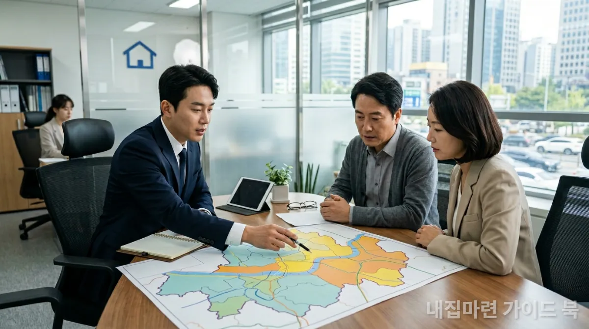 부동산 전문가와 매도 시점을 상담하는 한국인 부부