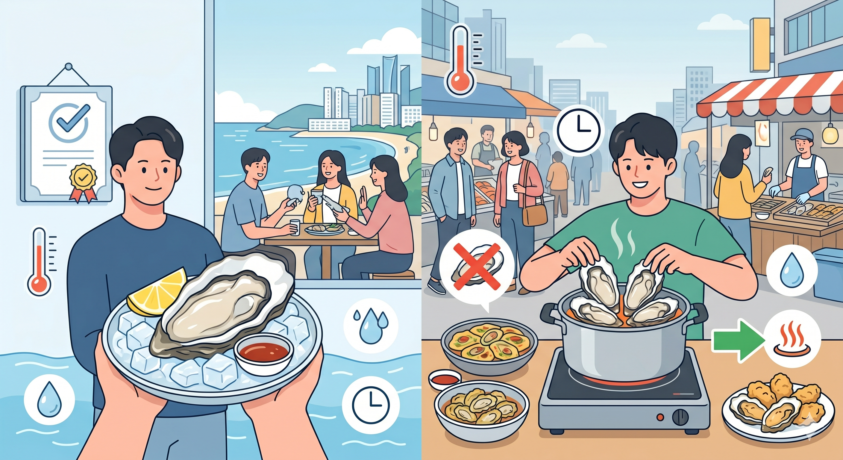 생식용 굴과 가열조리용 굴의 차이를 명확히 보여주는 인포그래픽 이미지