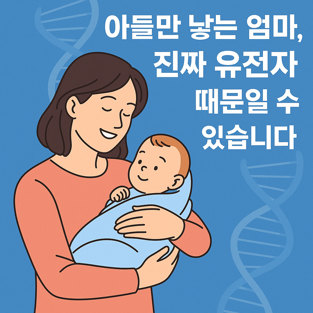 “신생아를 안고 있는 엄마와 DNA 이중나선 이미지, ‘아들만 낳는 엄마, 진짜 유전자 때문일 수 있습니다’라는 문구가 포함된 썸네일”