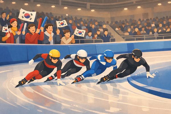 한국 쇼트트랙 혼성 계주를 응원하는 장면의 따뜻한 플랫 일러스트