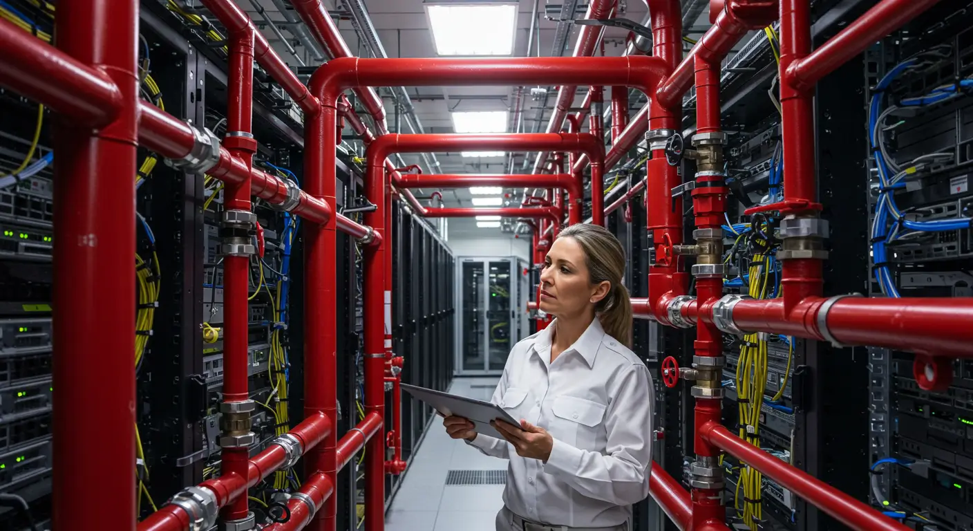 깔끔한 유니폼을 입은 소방 기술자가, 현대적인 최첨단 데이터 센터나 서버실에서 복잡한 붉은색 배관의 스프링클러 시스템을 태블릿으로 검사하는 사진