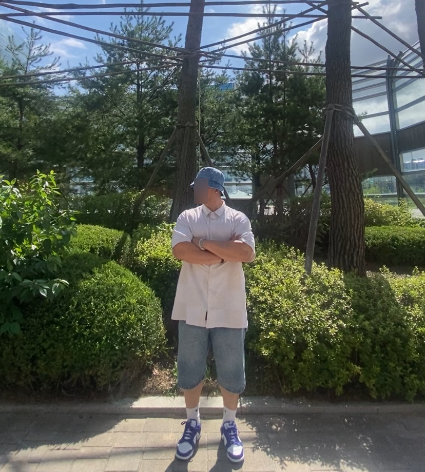 데일리룩('26. 7. 27.)루오에스펙 빈티지 버킷햇 벙거지, 반스 케슬러 체커보드 우븐 반소매셔츠, 디미트리블랙 버뮤다 데님팬츠, 나이키양말, 나이키 덩크 로우 레트로 콩코드