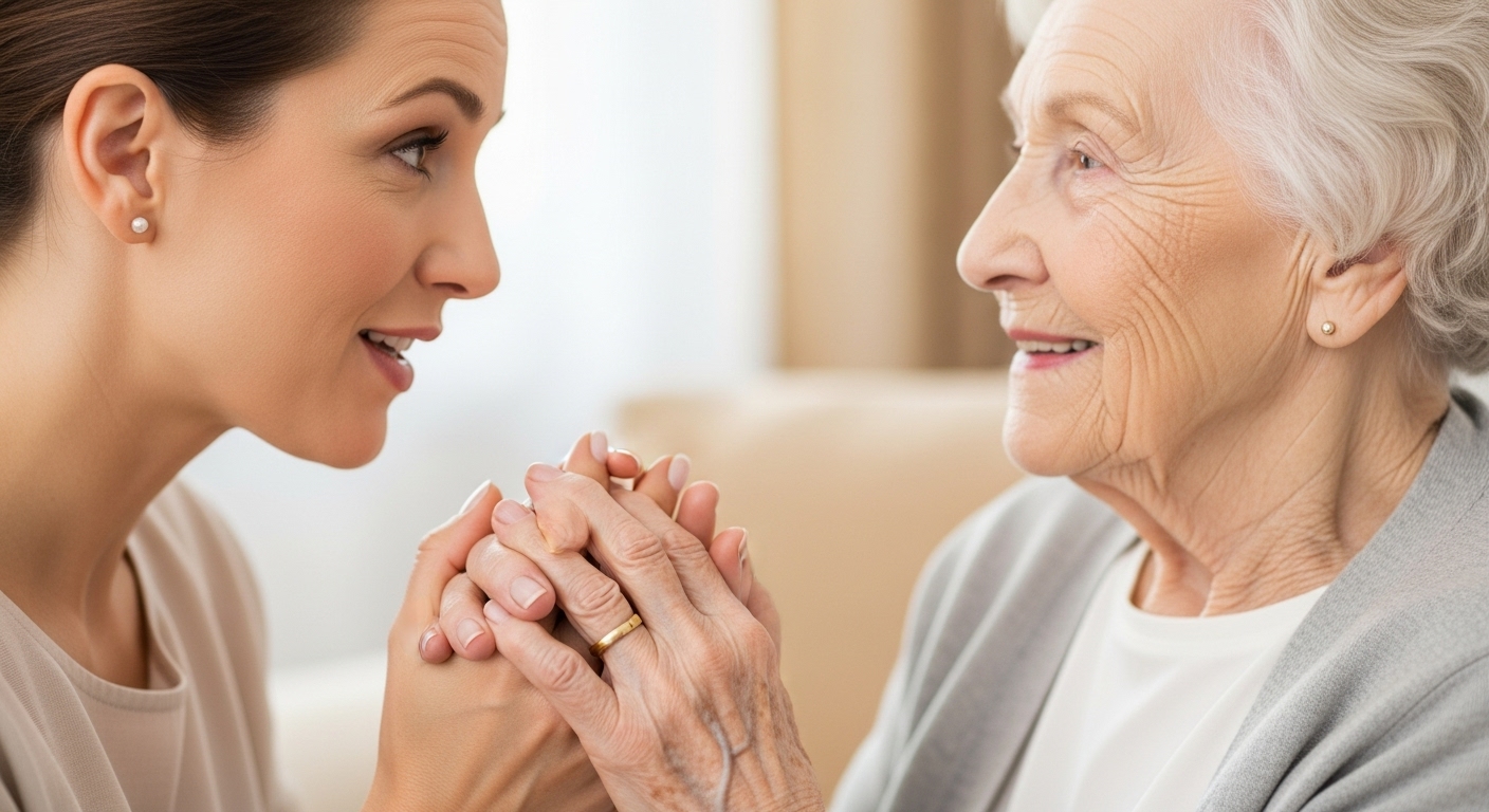 성인 자녀가 어머니의 손을 잡고 따뜻하게 대화하며 교감하는 모습