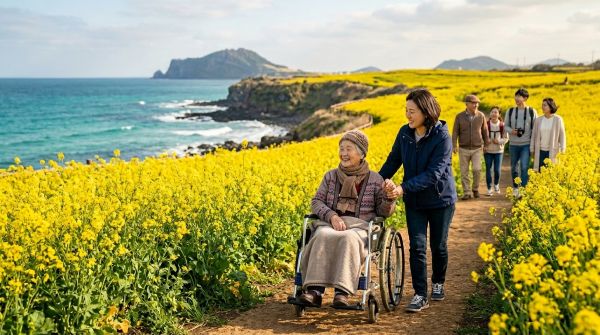 유채꽃이 핀 제주 바다 산책로에서 휠체어를 탄 어르신과 보호자가 환하게 웃으며 산책하는 평화롭고 따뜻한 풍경