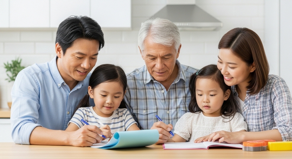 가족이 함께 쇼핑 리스트를 작성하는 장면