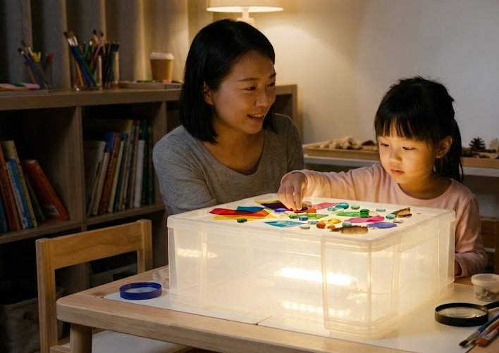 라이트 테이블 없는 가성비 홈레지오 빛 놀이 실천 사례, 투명 수납함과 손전등으로 만든 DIY 라이트 박스, 5세 아이의 빛과 그림자 탐구