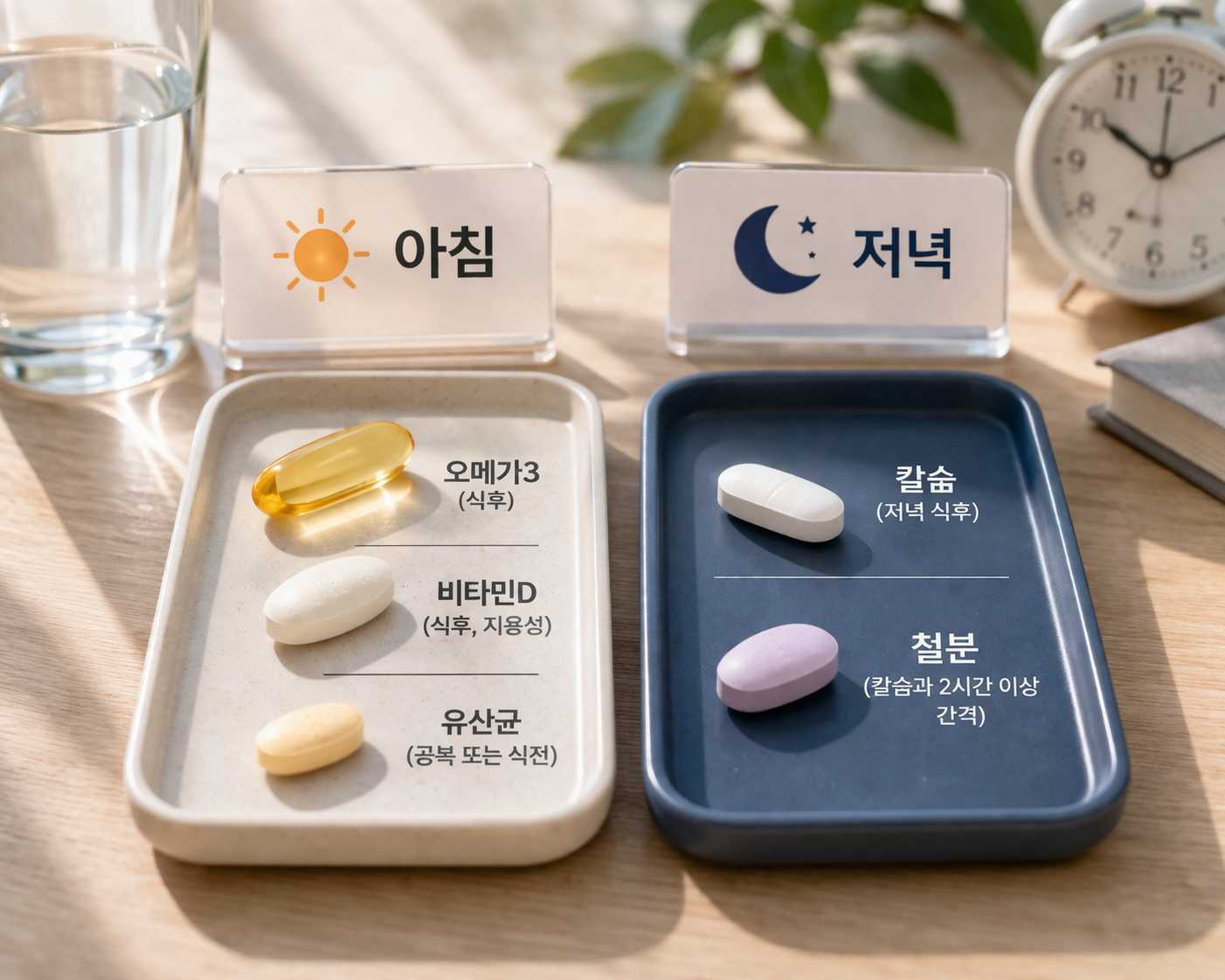아침과 저녁 각각의 시간대에 맞춰 먹으면 효과가 좋아지는 영양제들을 구분한 이미지