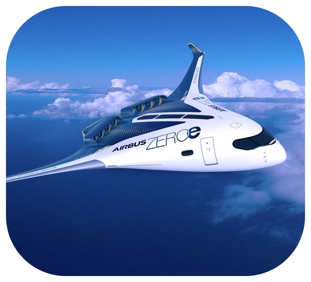 에어버스 차세대 수소 연료를 이용하는 일체형 항공기가 하늘을 비행하는 장면