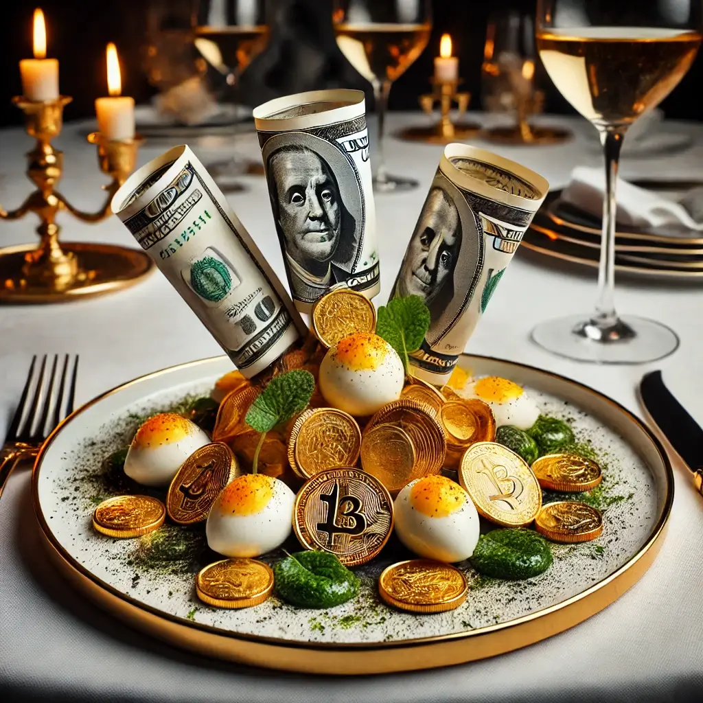돈이 요리 재료처럼 음식과 함께 플레이팅된 이미지