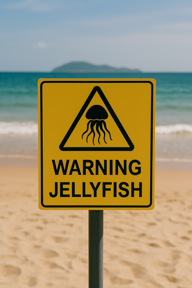 해파리를 조심하라는 경고 표지판이 설치되어 있는 모습