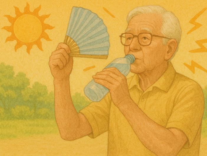 폭염 속에서 부채를 부치며 생수를 마시는 노인의 모습