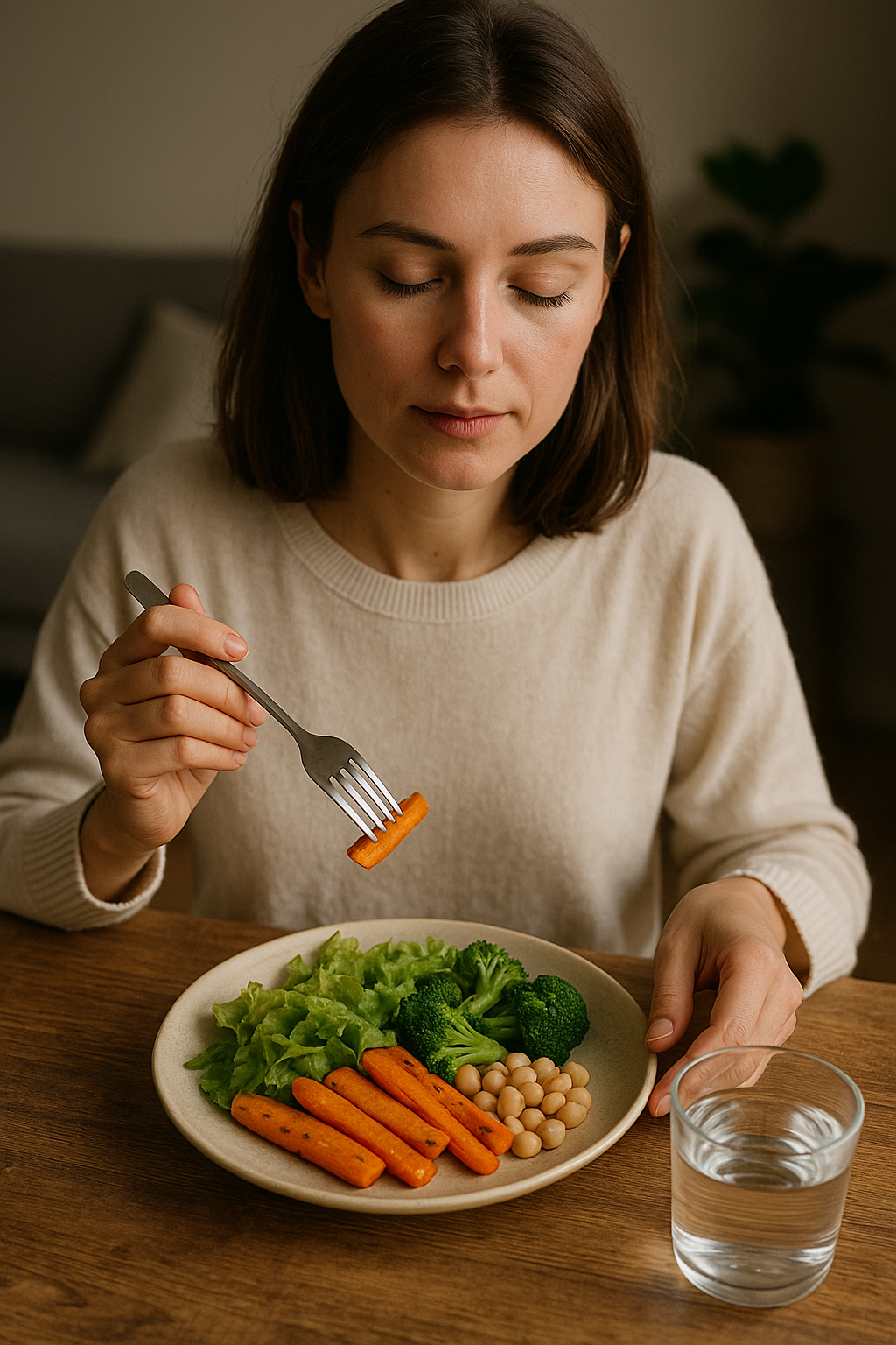 당근, 브로콜리, 양상추, 콩 과 같은 채식 위주의 식단을 챙겨서 먹으려는 여자의 모습